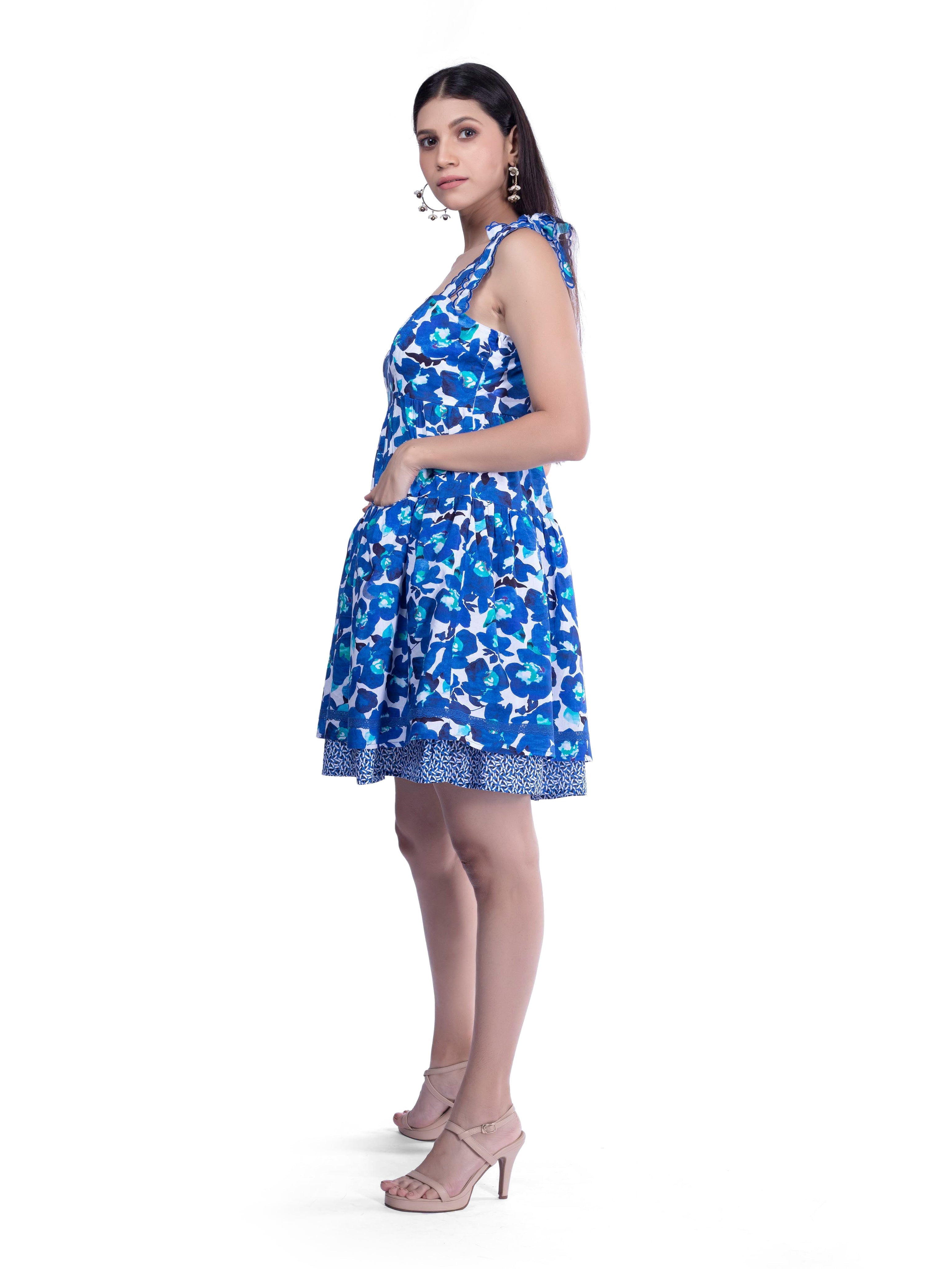 Blue & White Floral Embroidered Strap Dress FRENCH THEORY