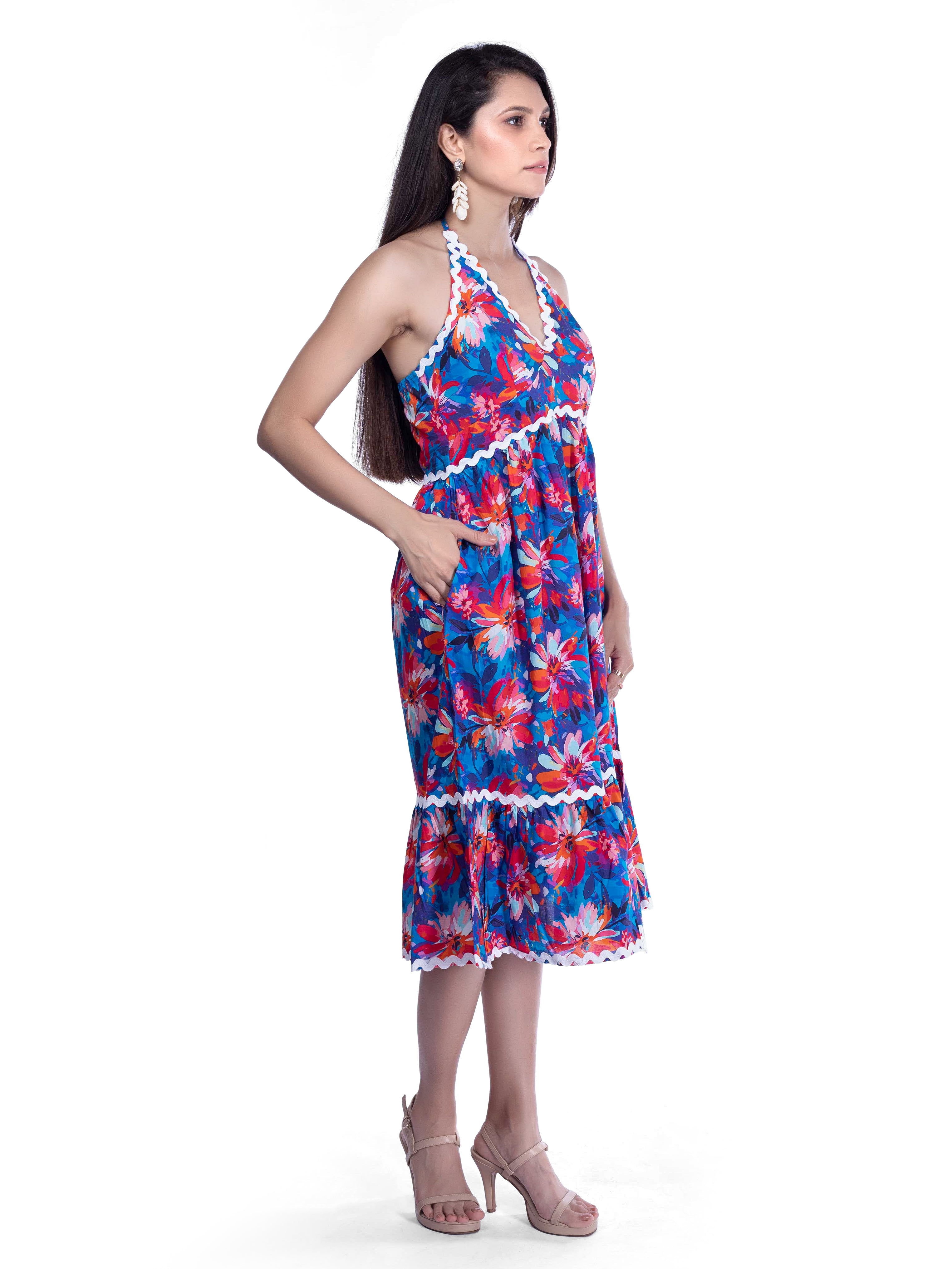Blue, Pink & Red Floral Midi Dress - FRENCH THEORY