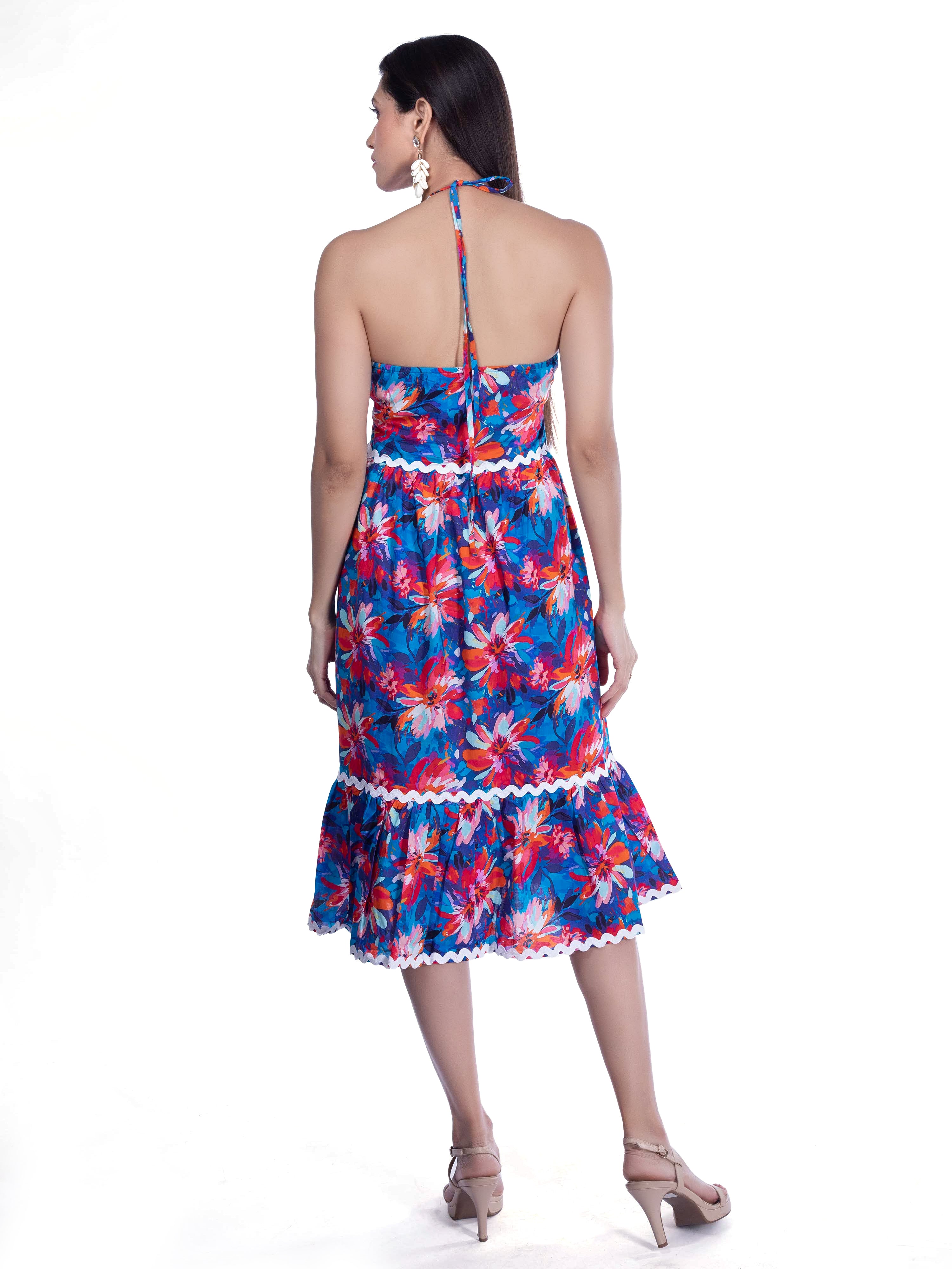 Blue, Pink & Red Floral Midi Dress - FRENCH THEORY