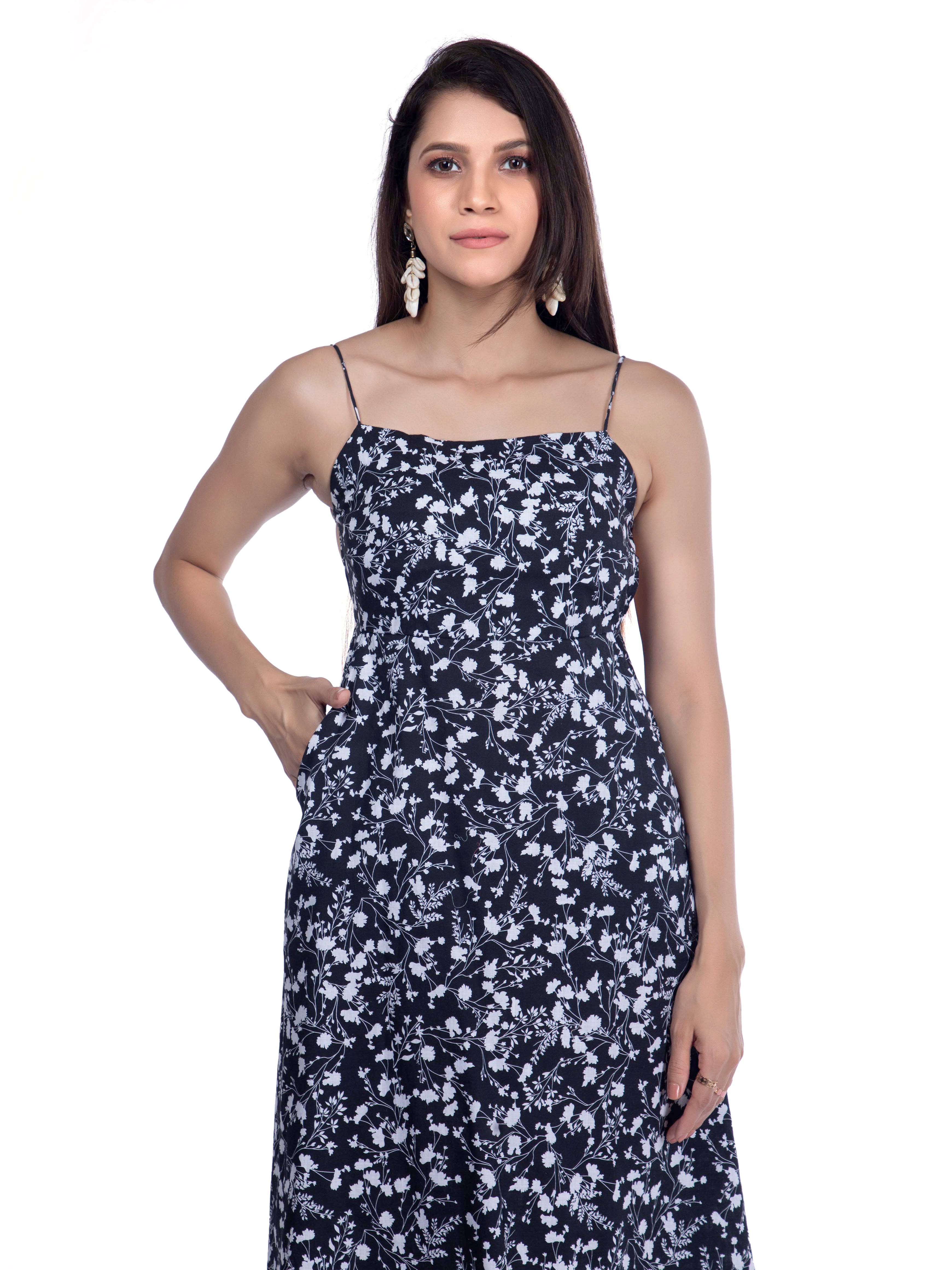 Black Floral Dress with Square Neckline