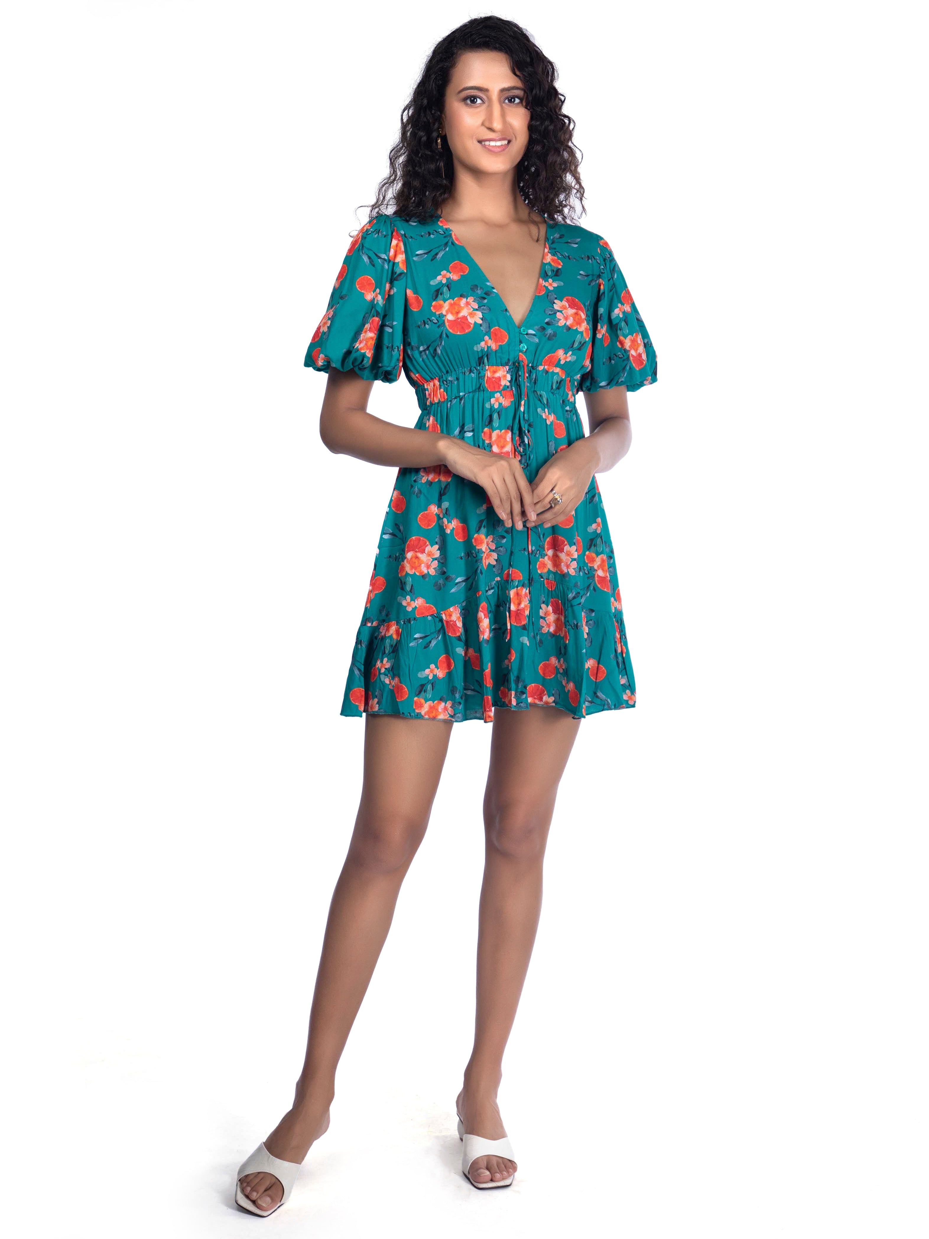 Tuquoise Blue Printed Plunge Neck Summer Dress - FRENCH THEORY