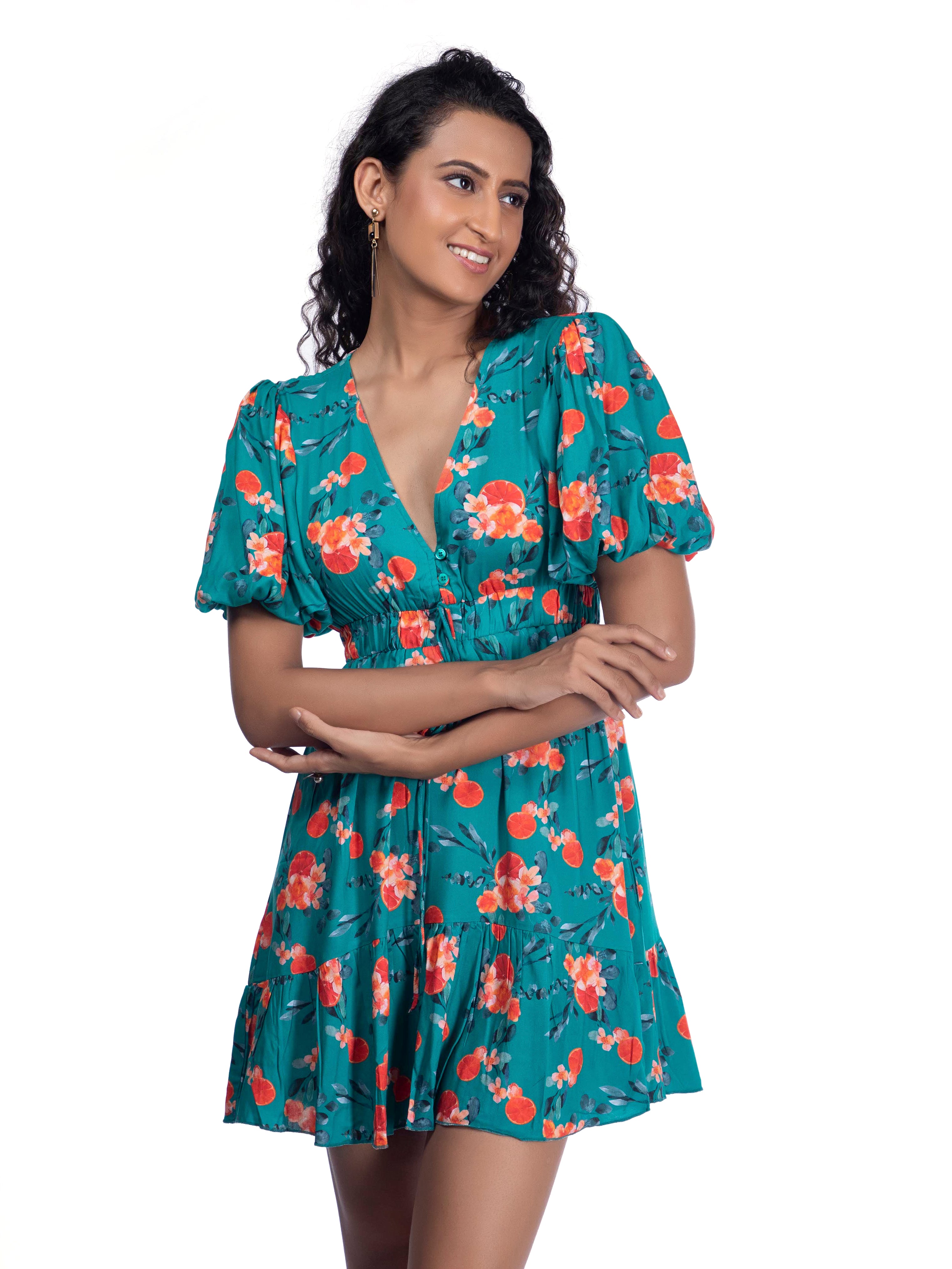 Tuquoise Blue Printed Plunge Neck Summer Dress - FRENCH THEORY