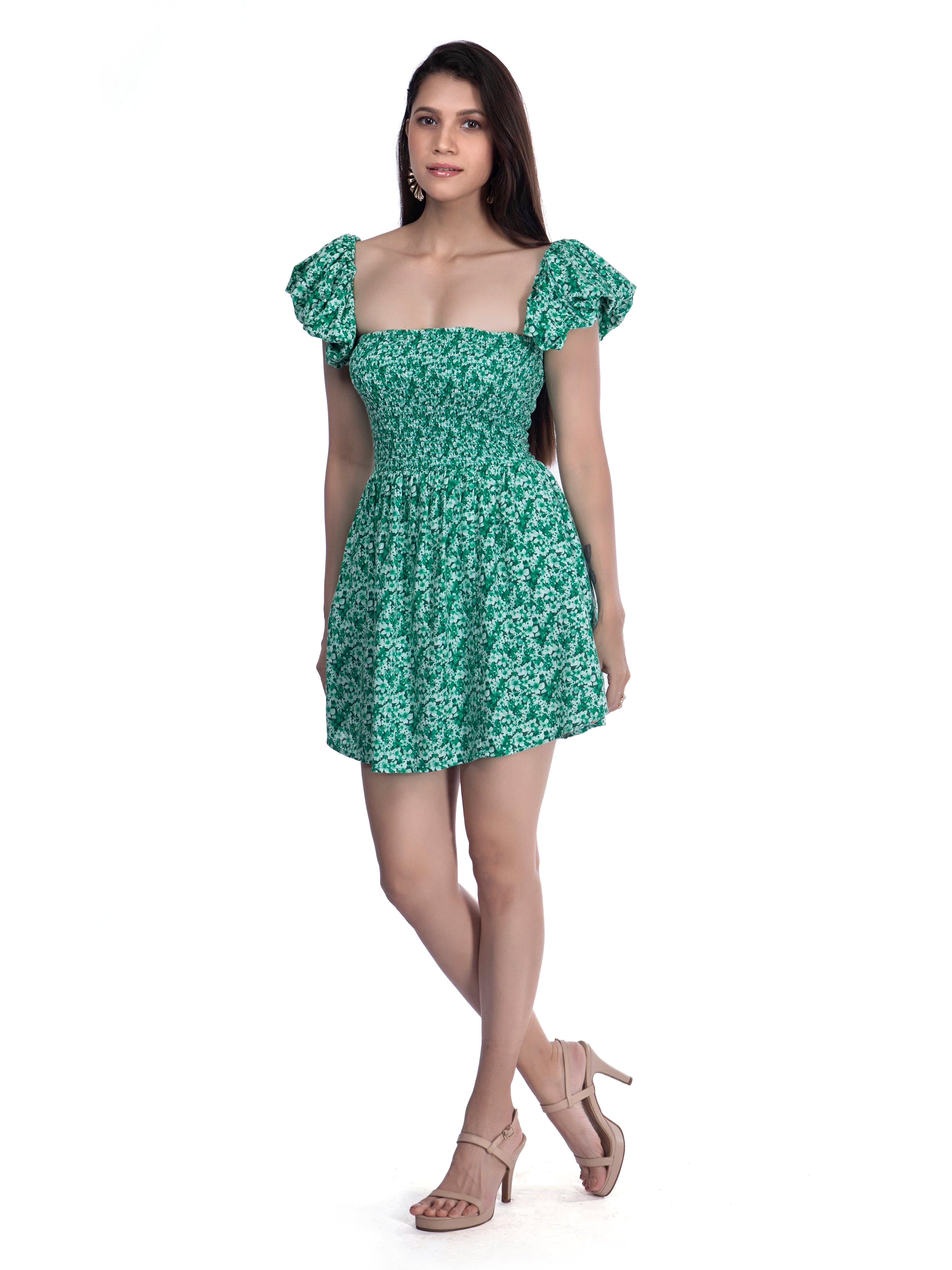 Green Printed Square neck Floral dress - FRENCH THEORY