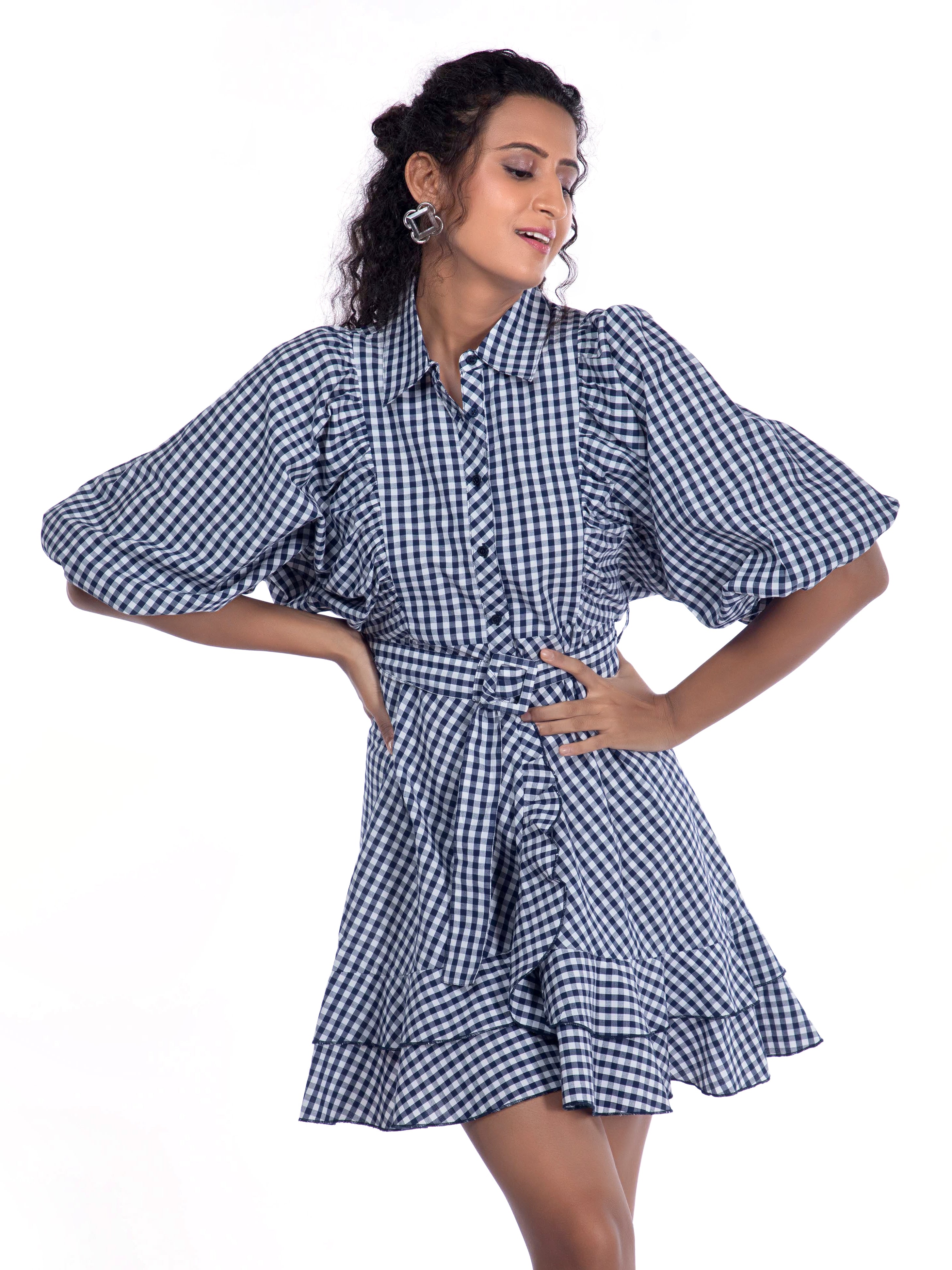 Navy Blue Puffy Sleeve Cotton Dress