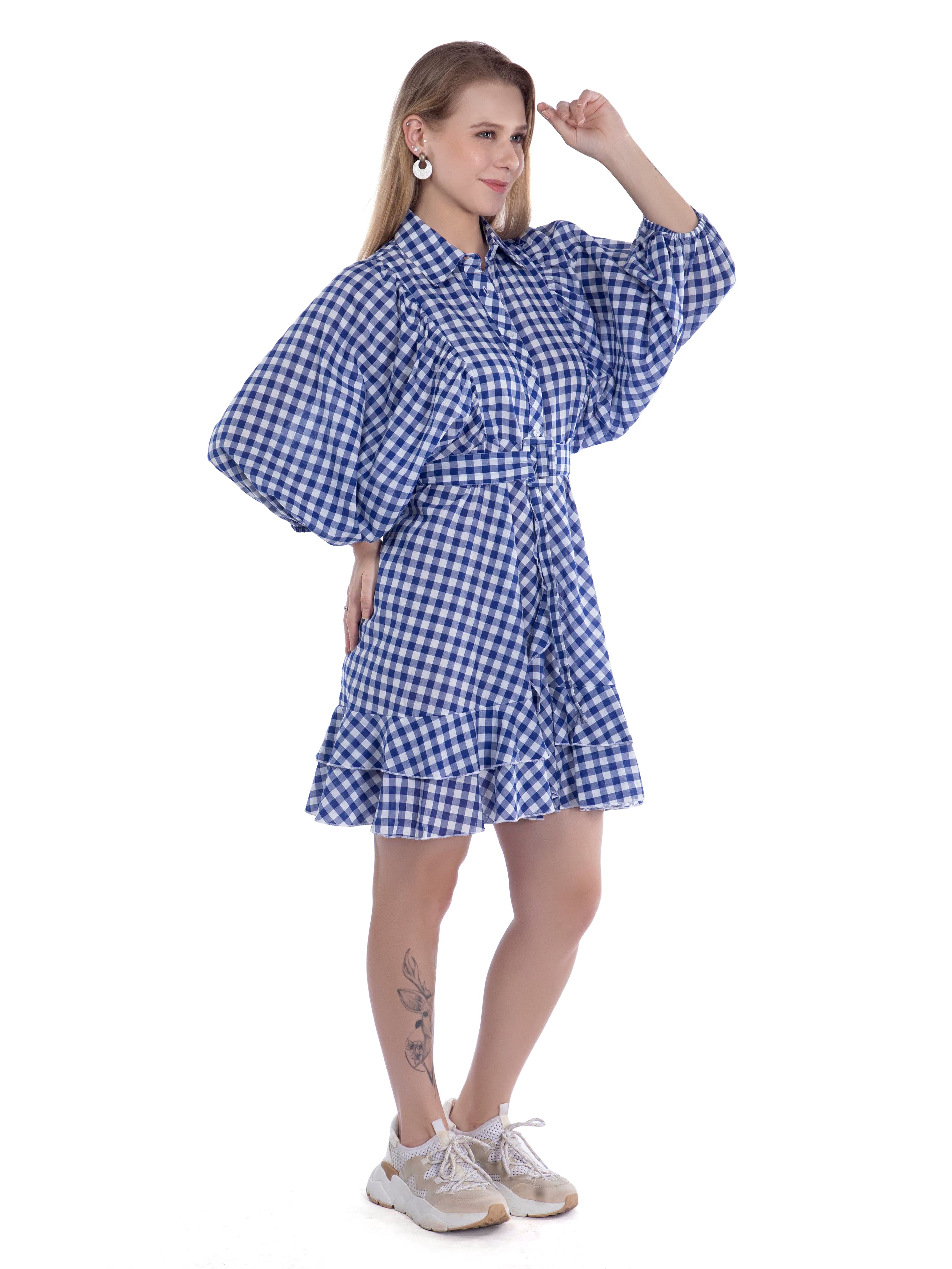 Navy Blue Checked Cotton Dress
