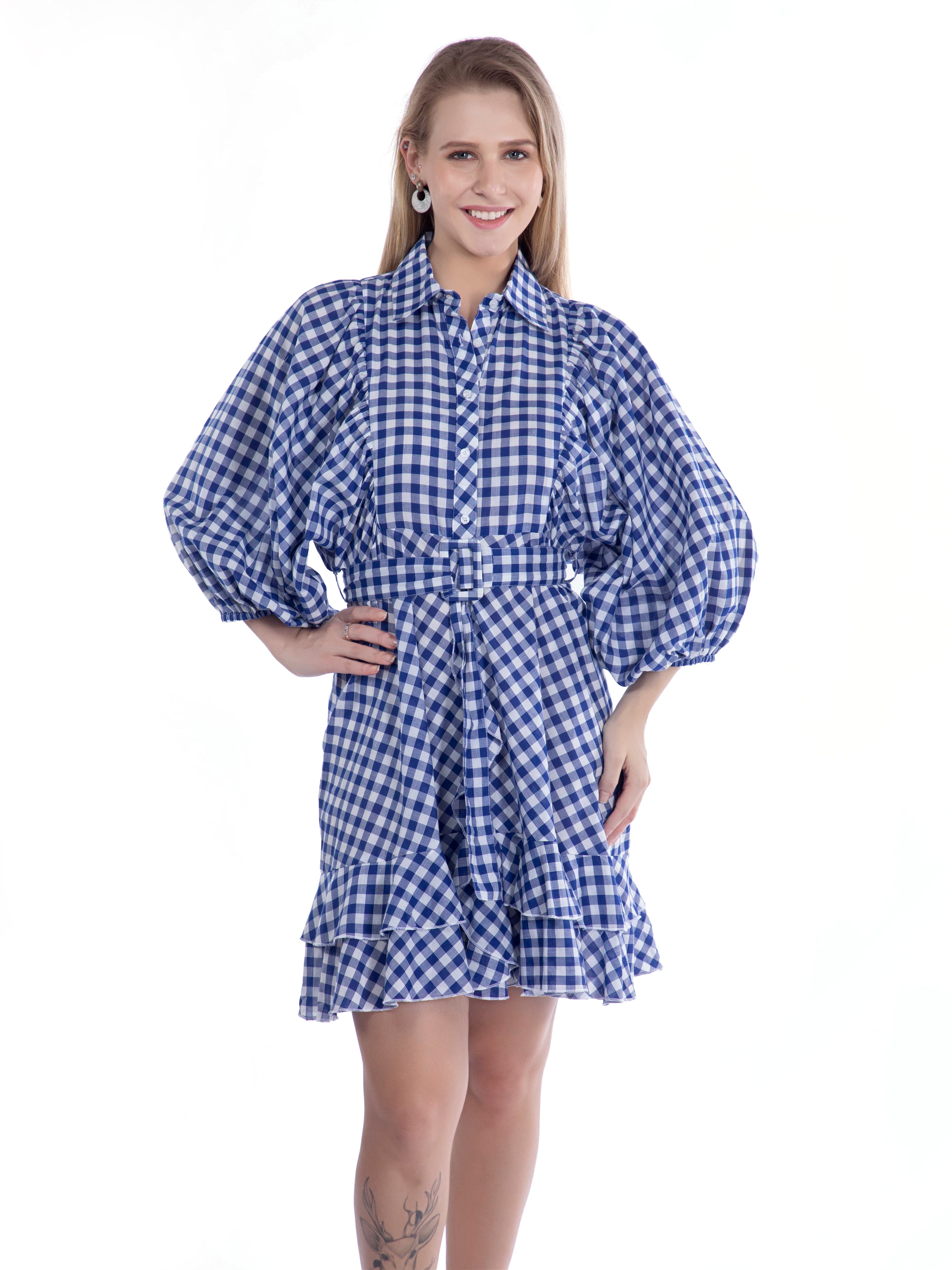 Navy Blue Checked Cotton Dress