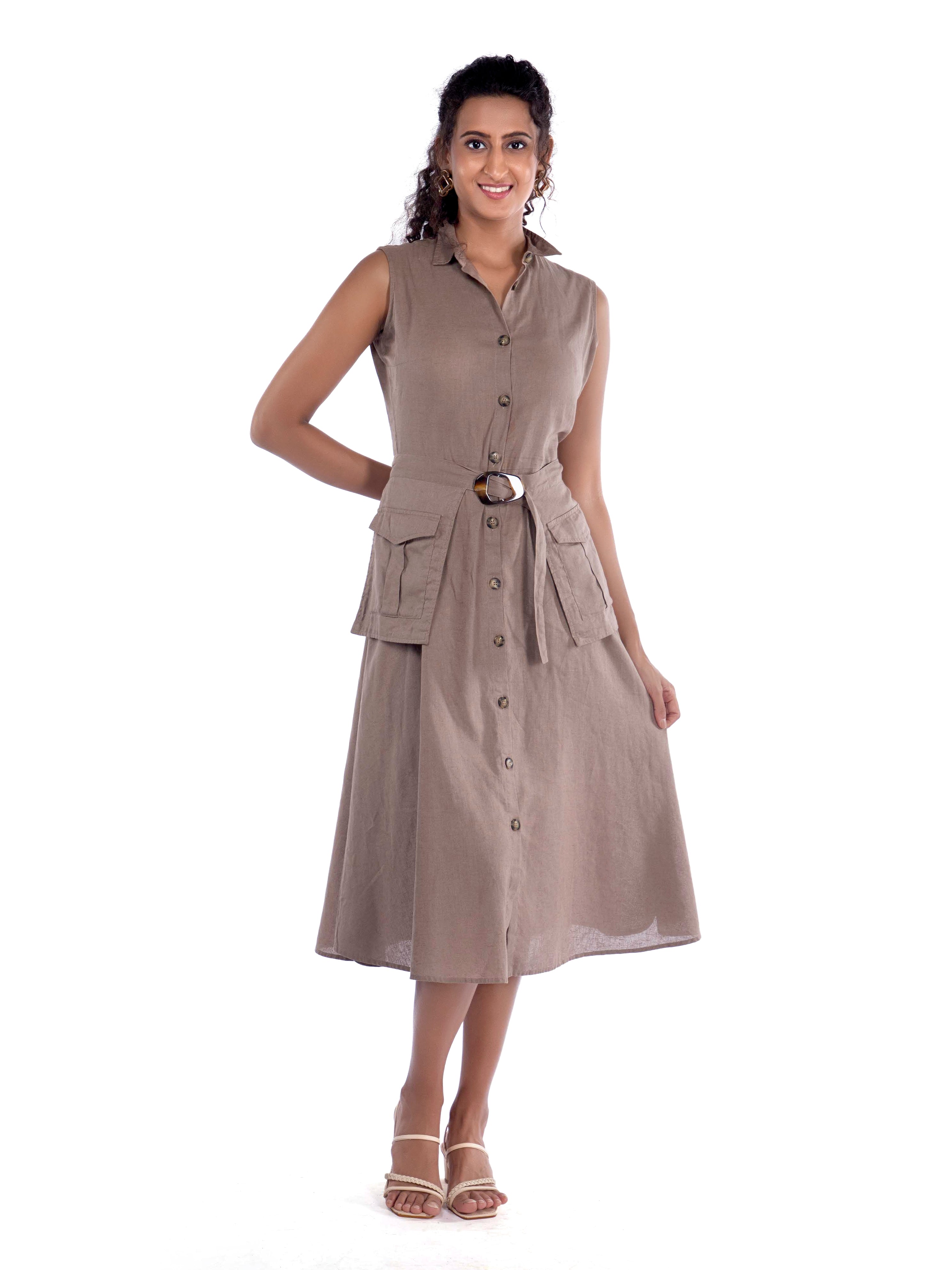 Beige Sleeveless Shirt Dress with Utility Pockets