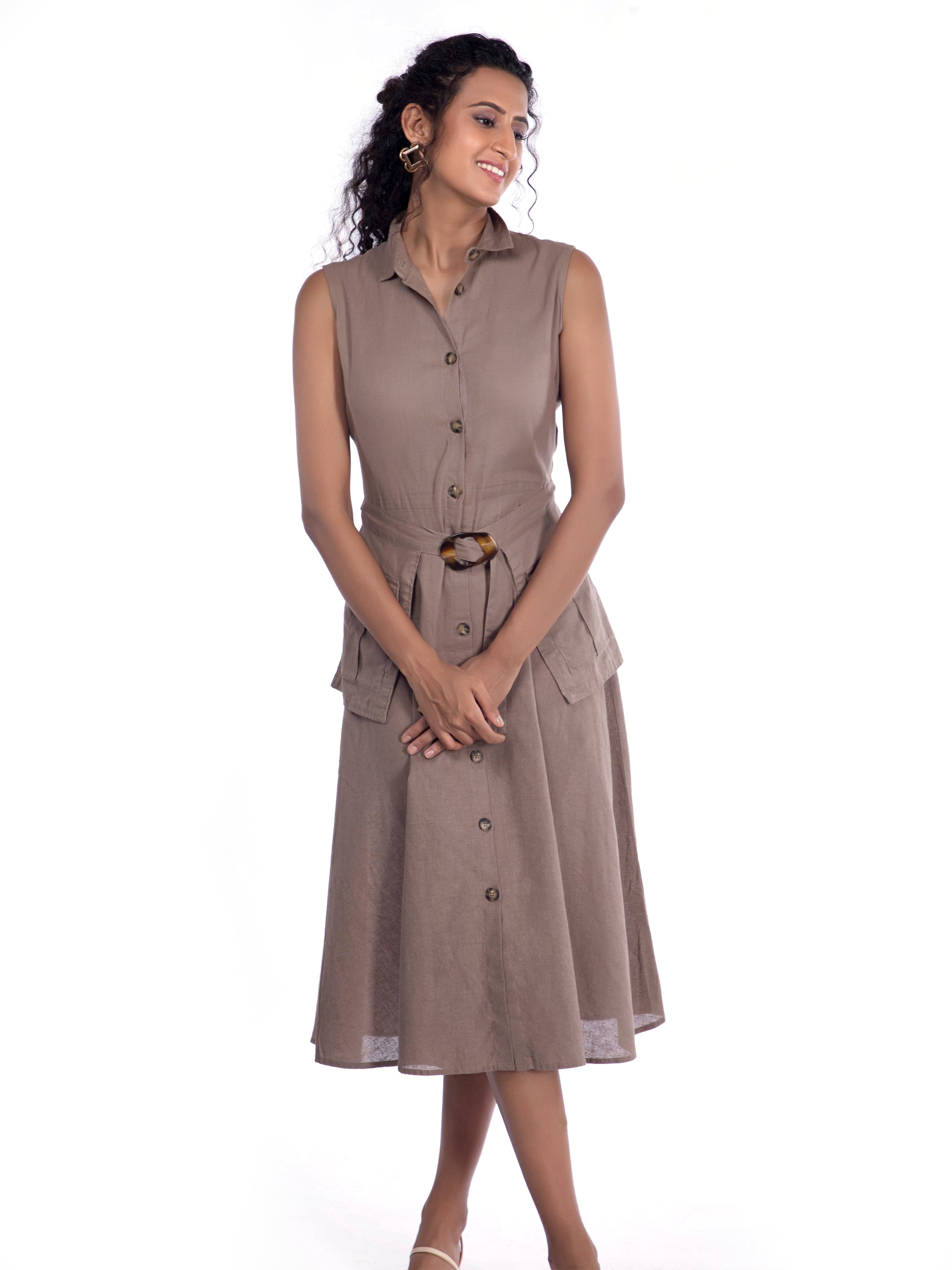 Beige Sleeveless Shirt Dress with Utility Pockets