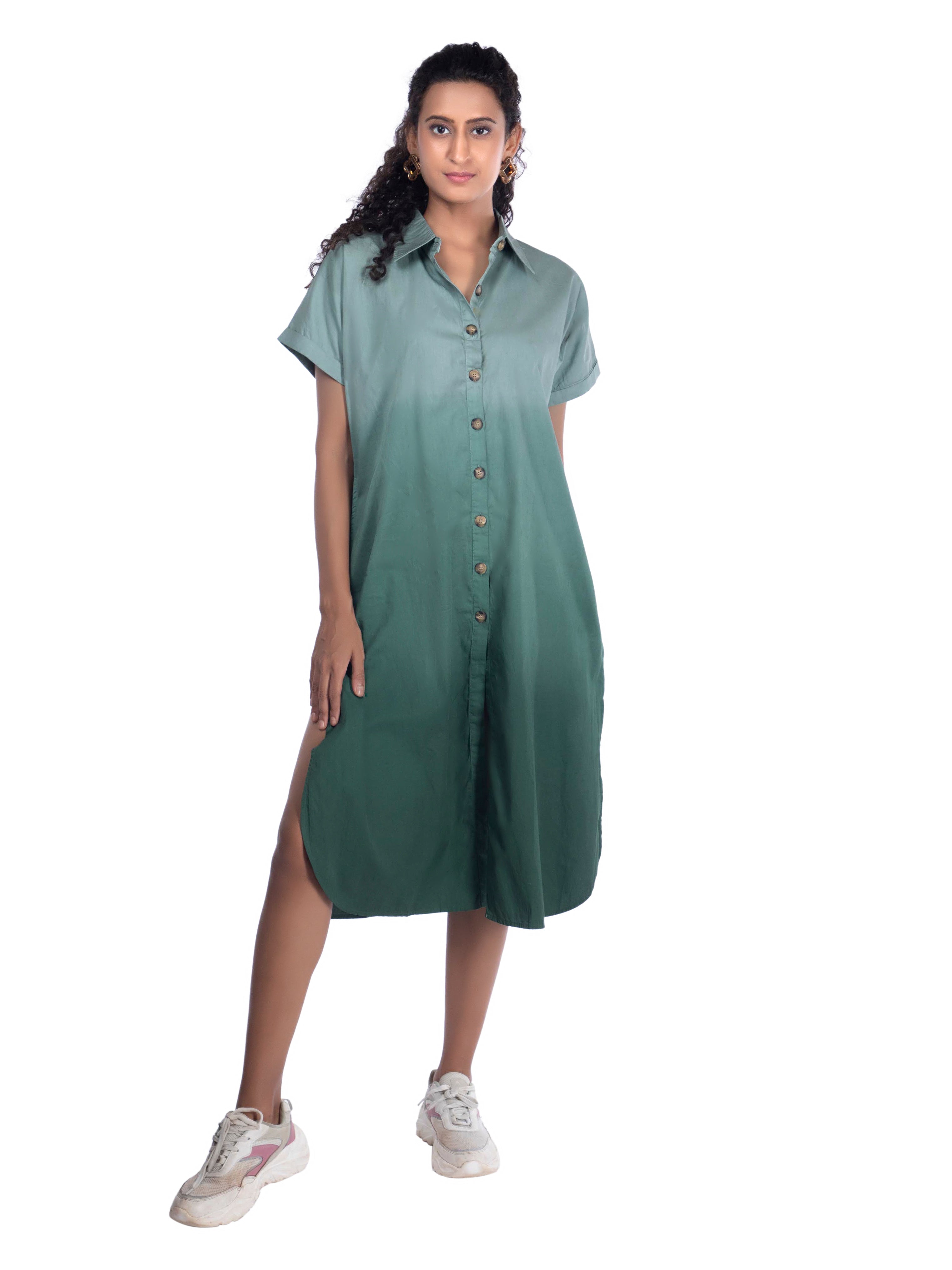White & Green Dip-Dye Shirt Embroidered Giraffe Detail Dress FRENCH THEORY