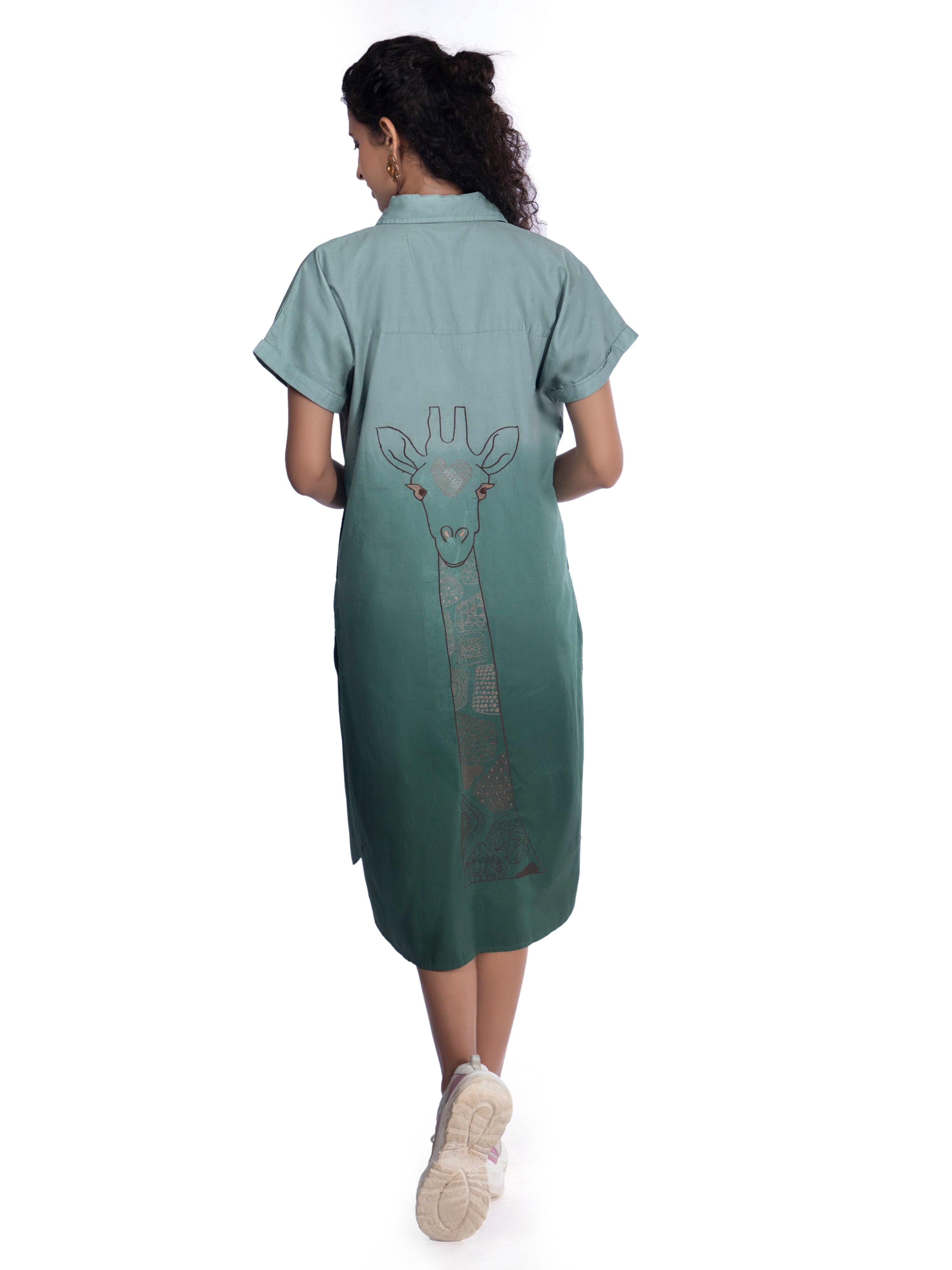 White & Green Dip-Dye Shirt Embroidered Giraffe Detail Dress FRENCH THEORY