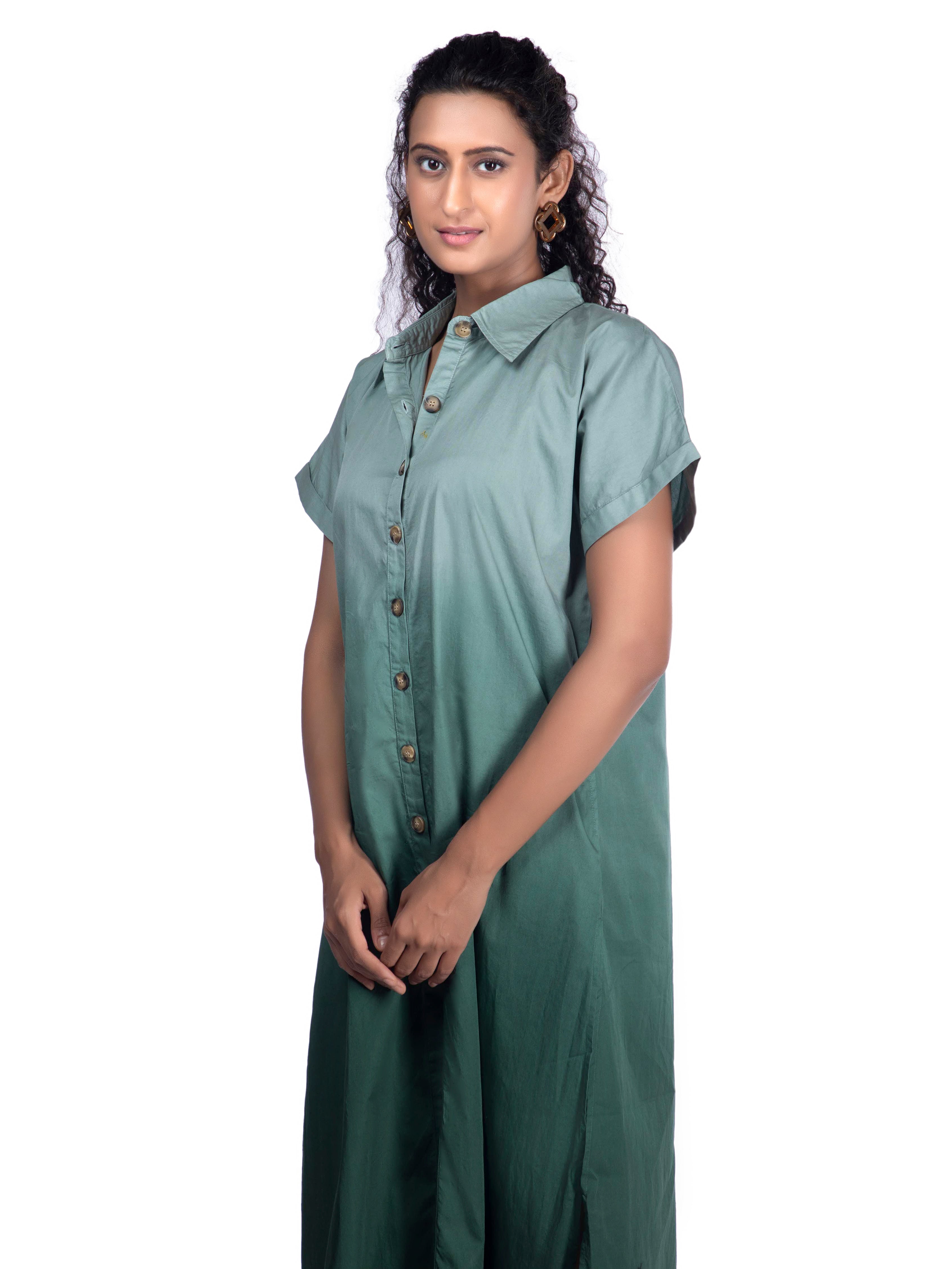 White & Green Dip-Dye Shirt Embroidered Giraffe Detail Dress FRENCH THEORY