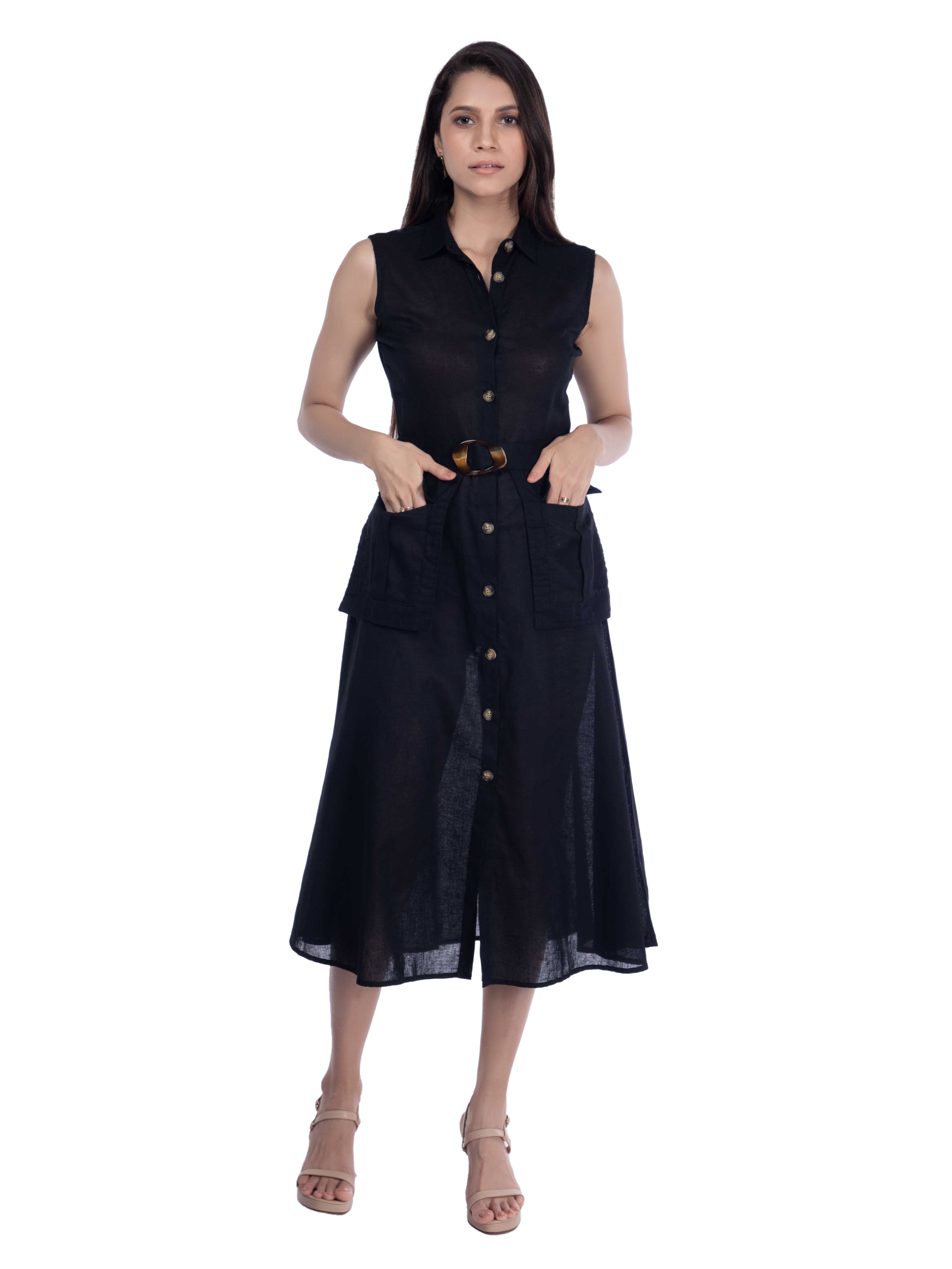 Black Sleeveless Shirt Dress with Utility Pockets