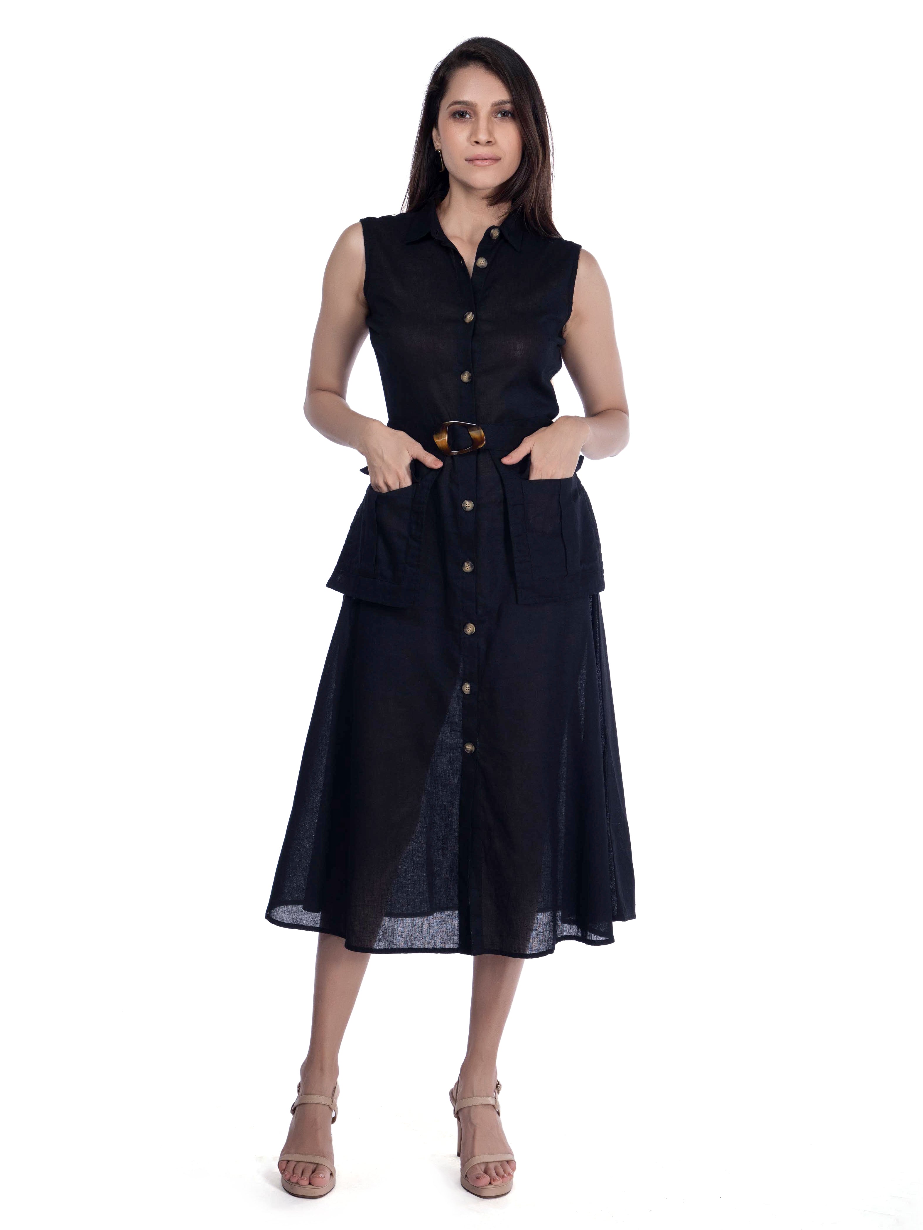 Black Sleeveless Shirt Dress with Utility Pockets