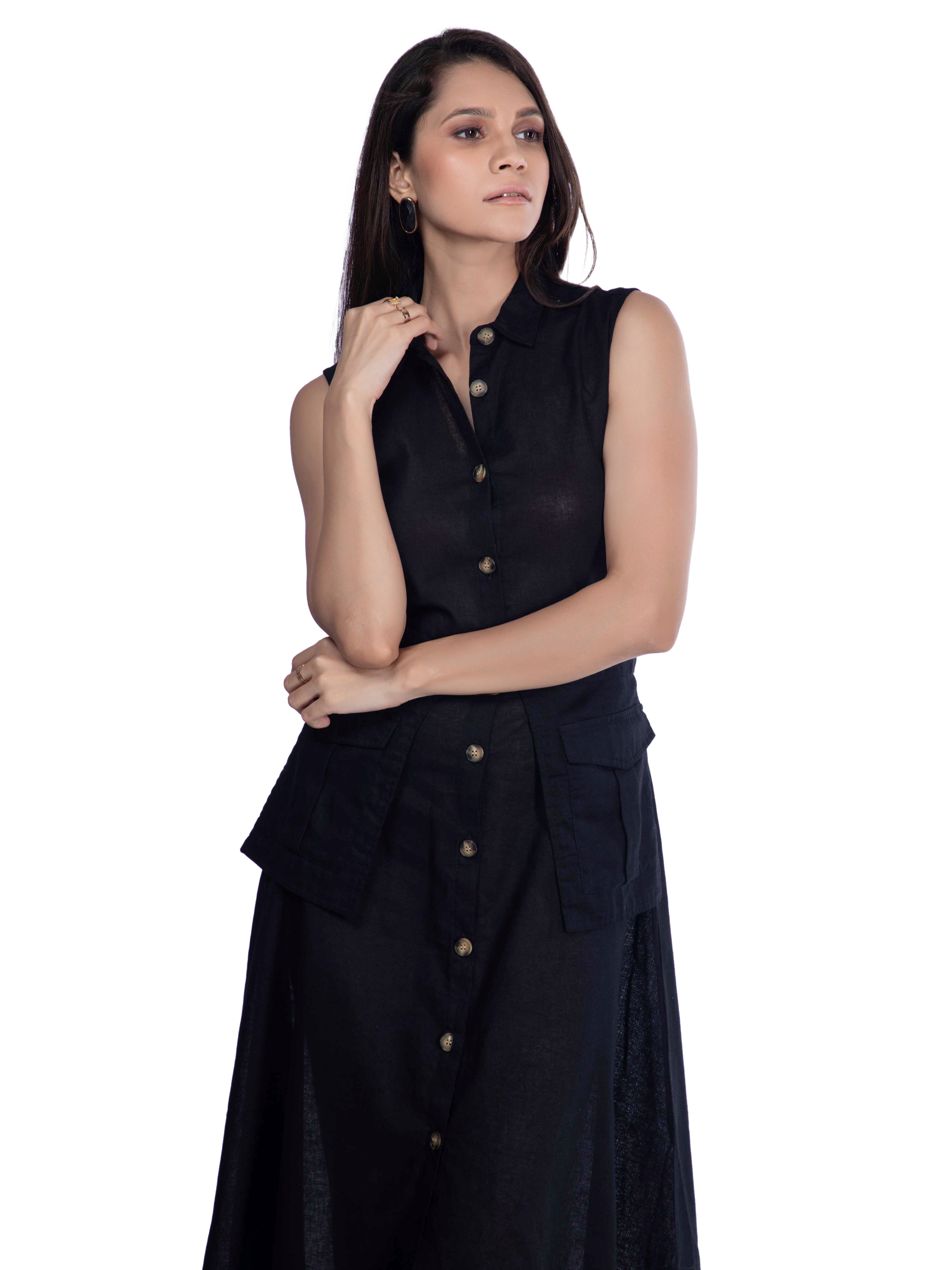 Black Sleeveless Shirt Dress with Utility Pockets