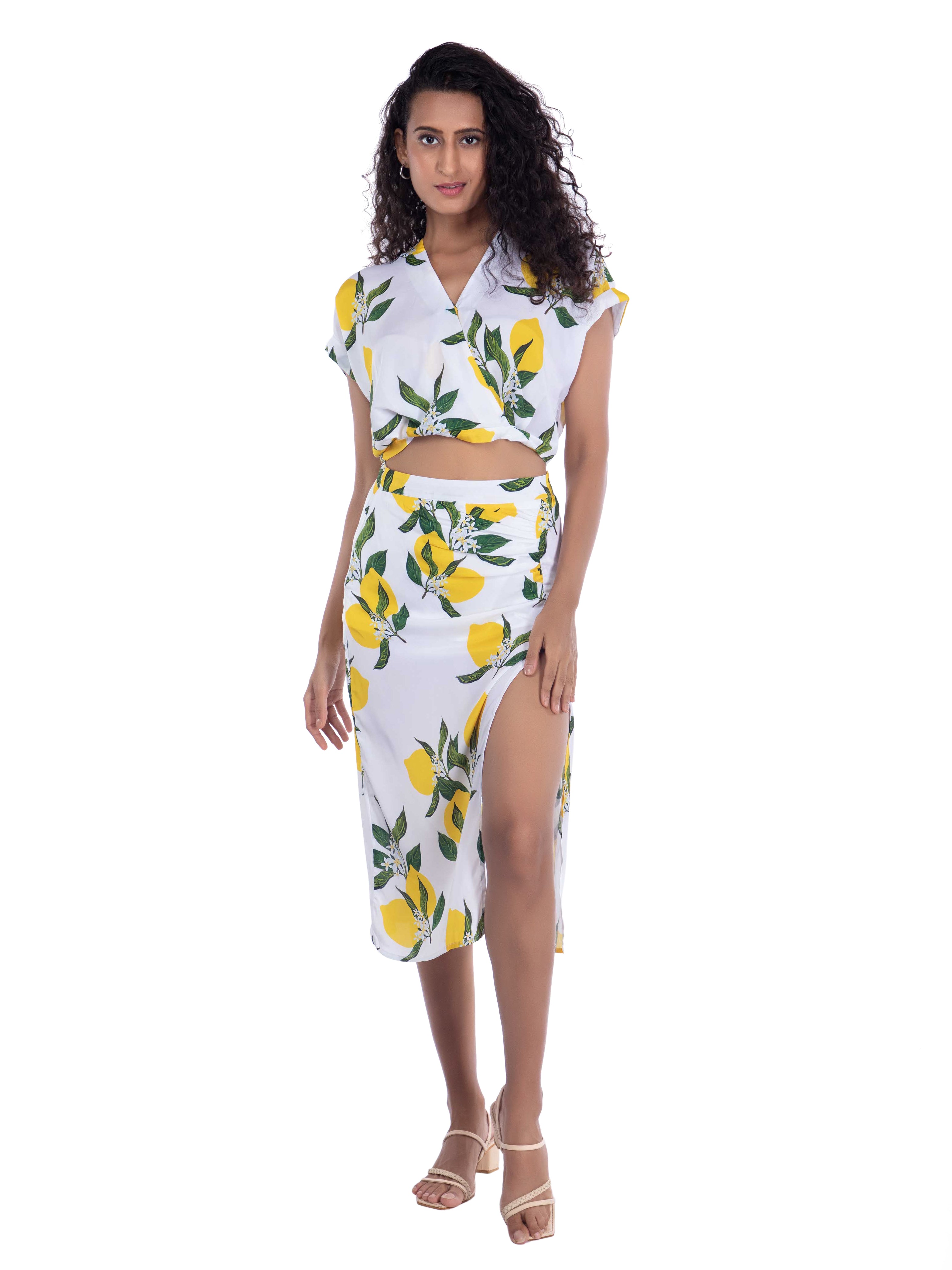 White Lemon Print Midi Skirt