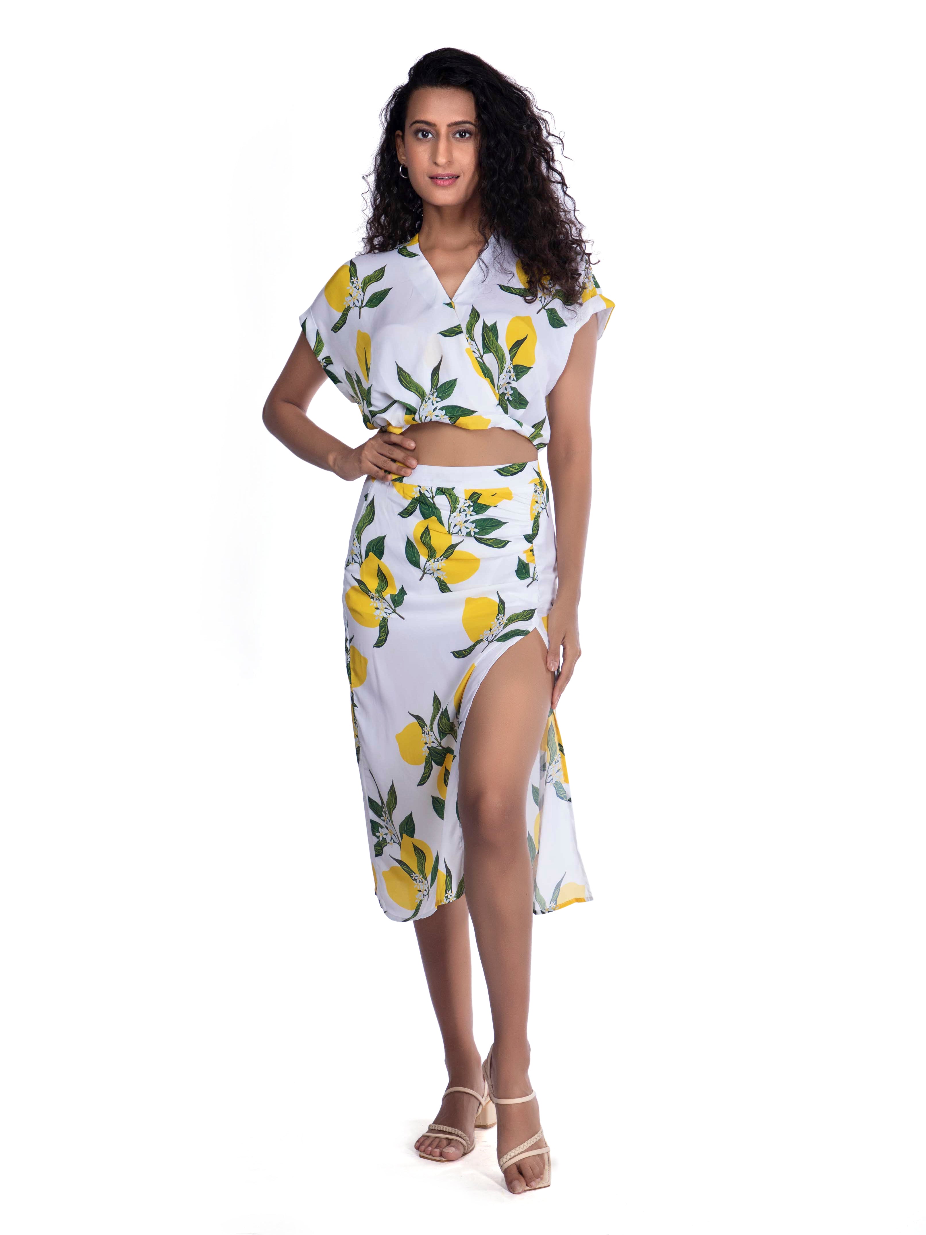 White Lemon Print Midi Skirt