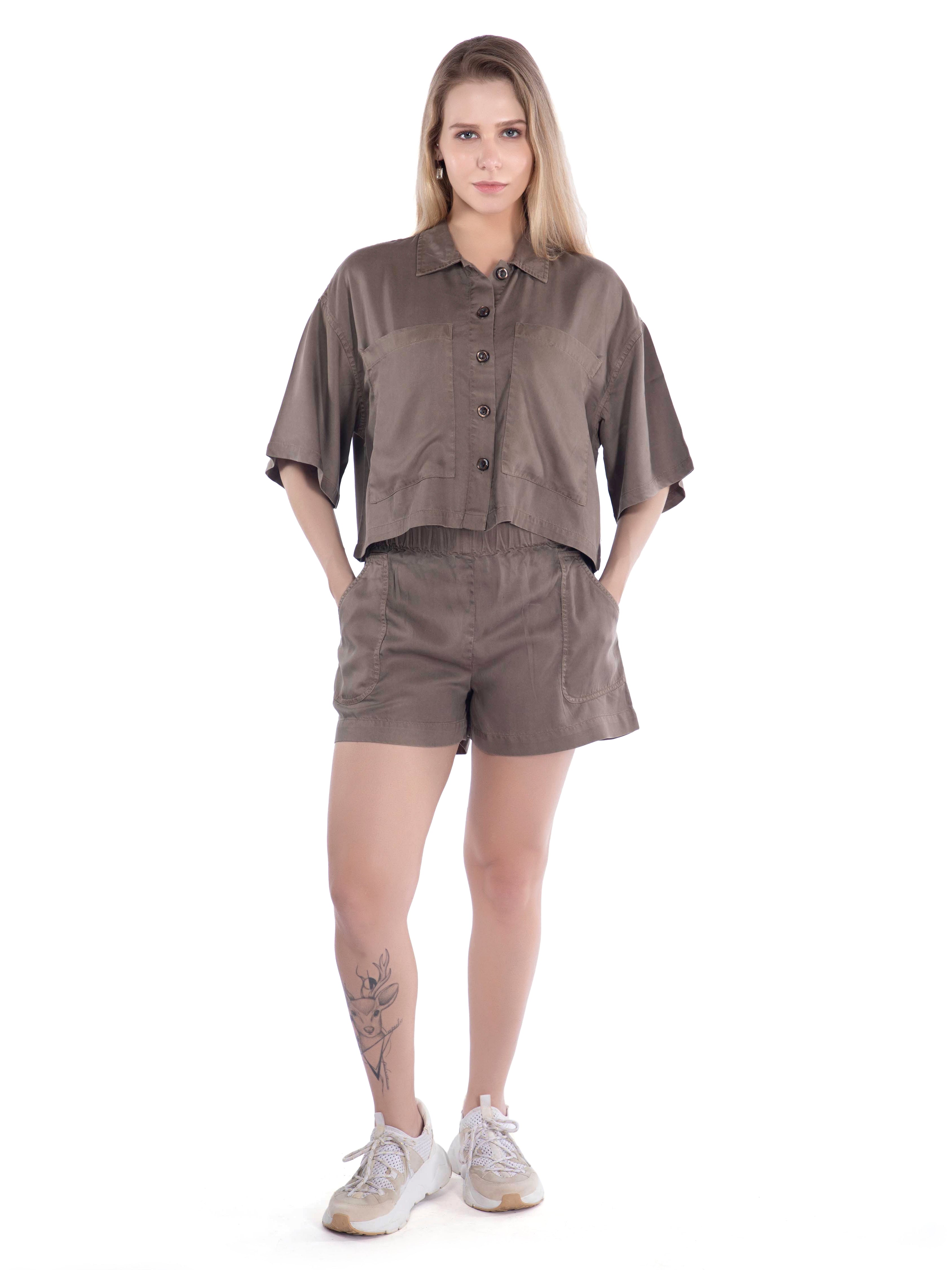 Relaxed Fit Brown Cropped Shirt