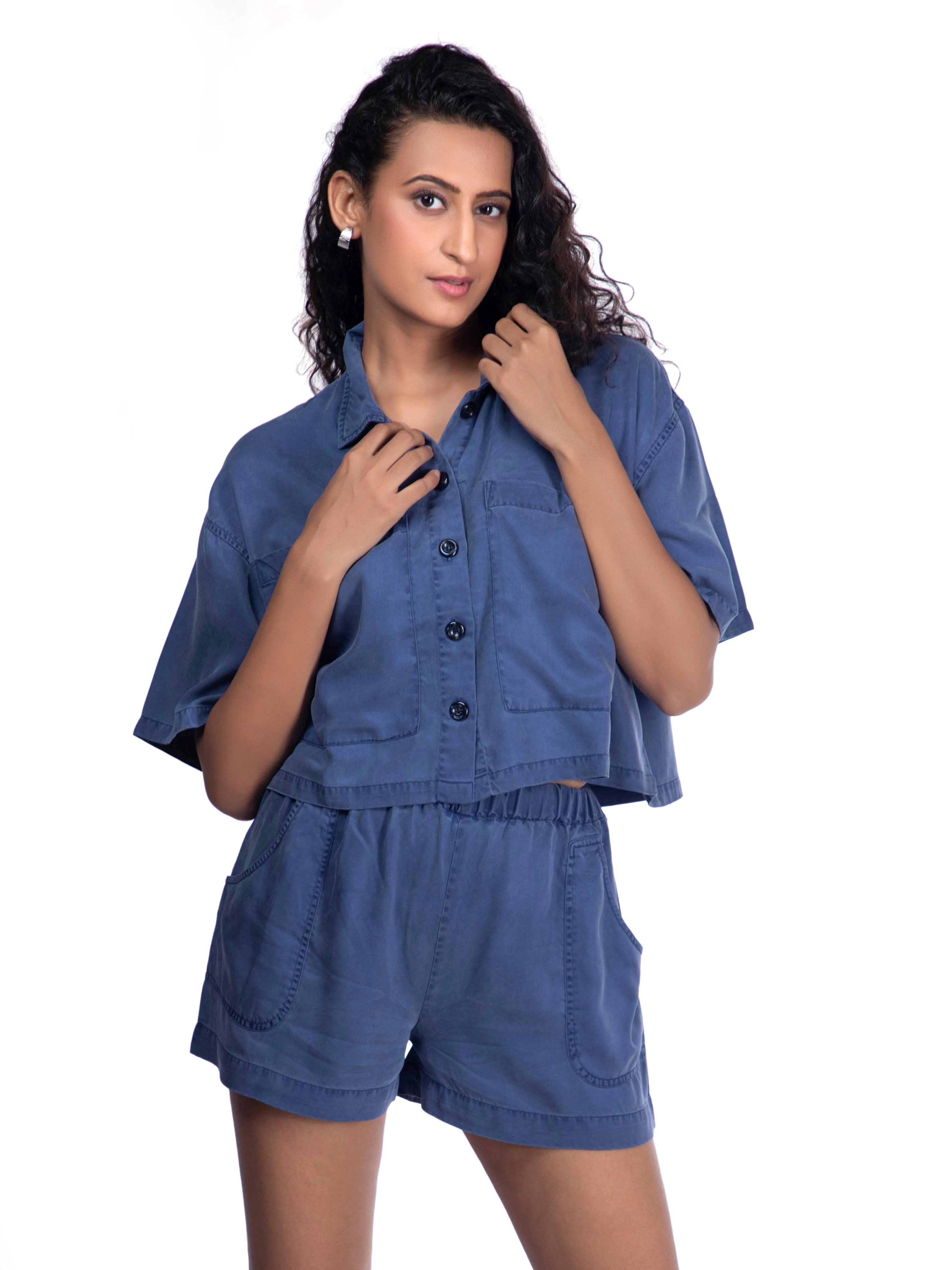 Relaxed Fit Blue Cropped Shirt