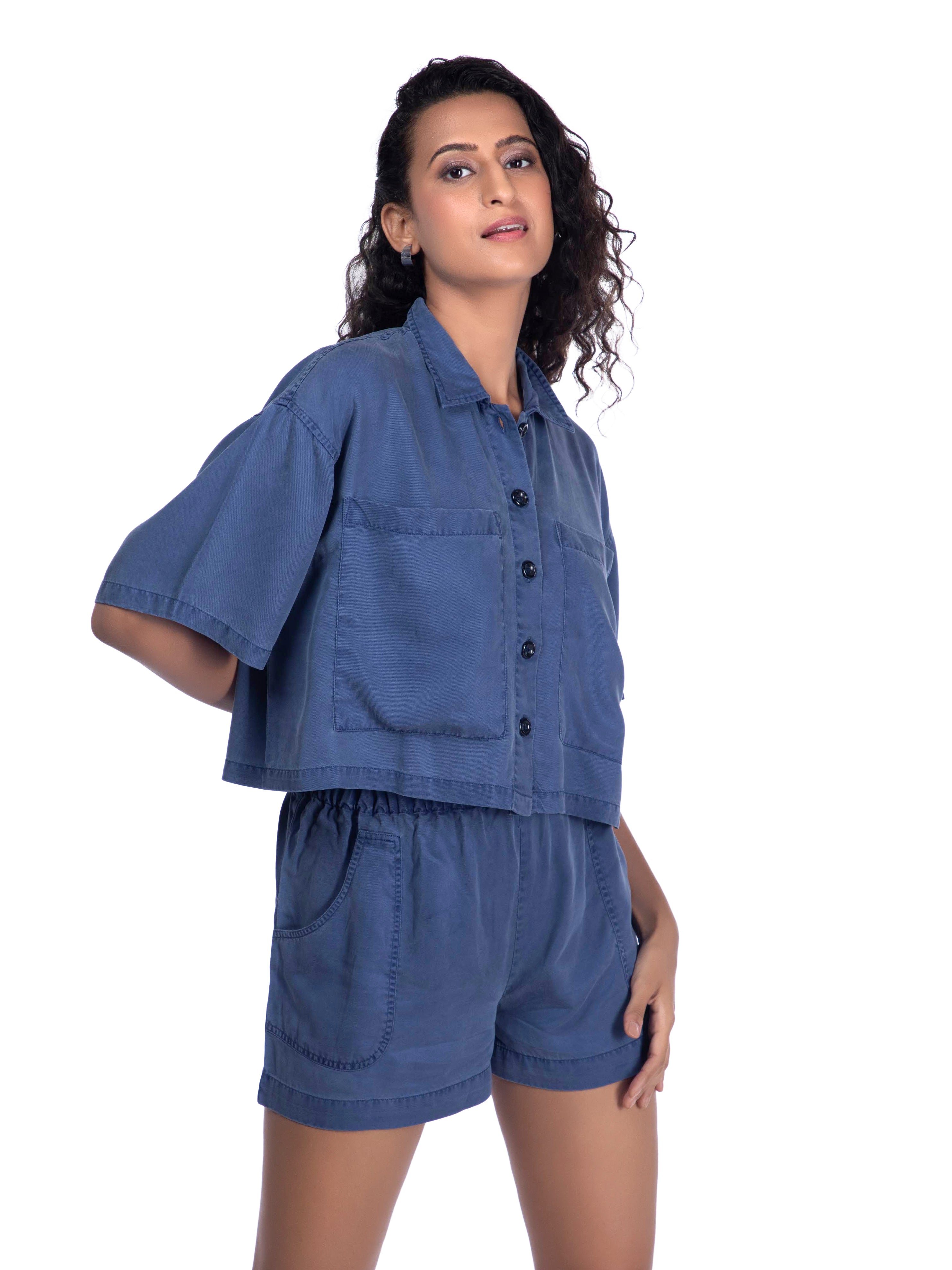 Relaxed Fit Blue Cropped Shirt