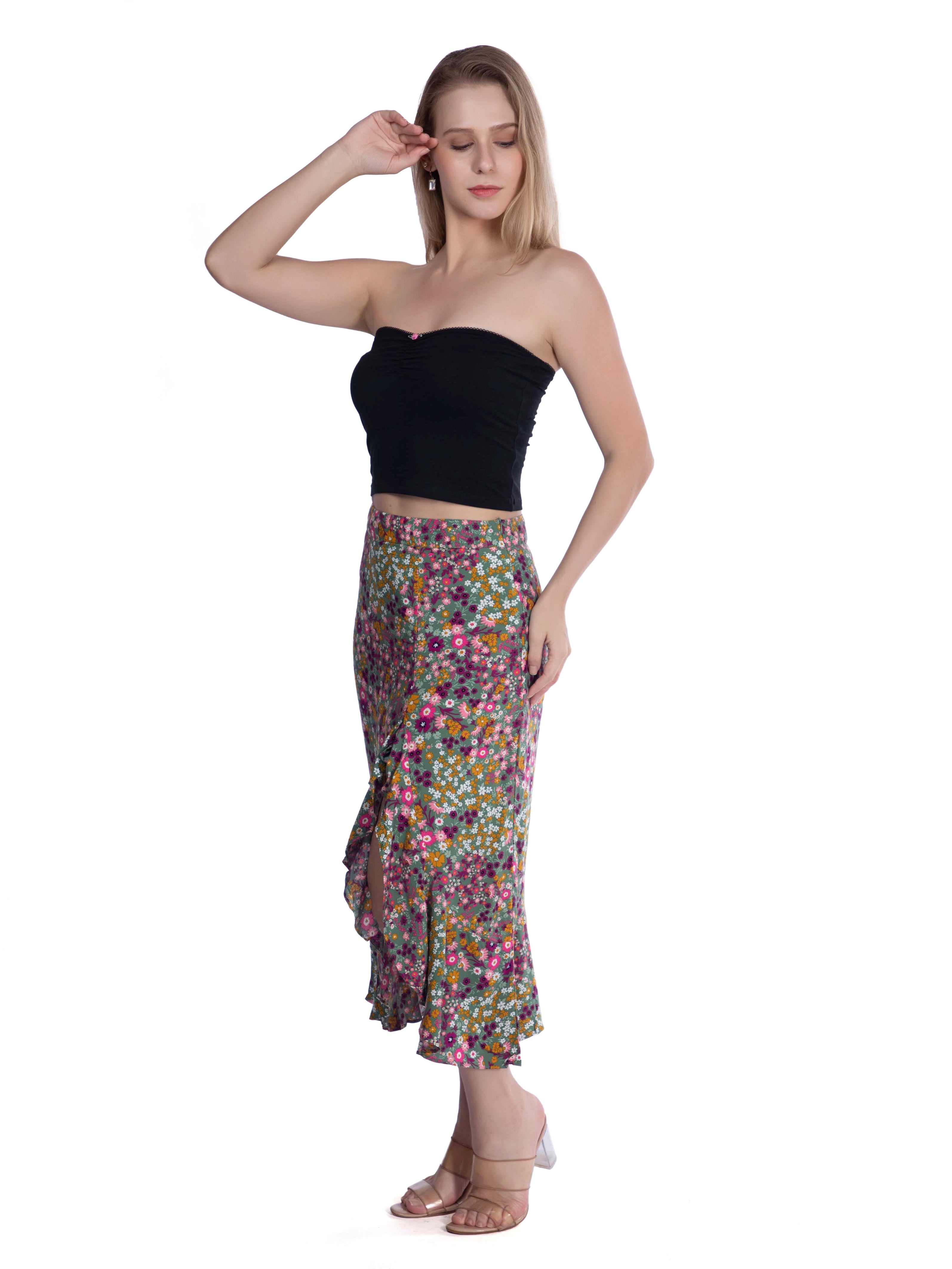 Green Floral Ruffled Summer Skirt - FRENCH THEORY