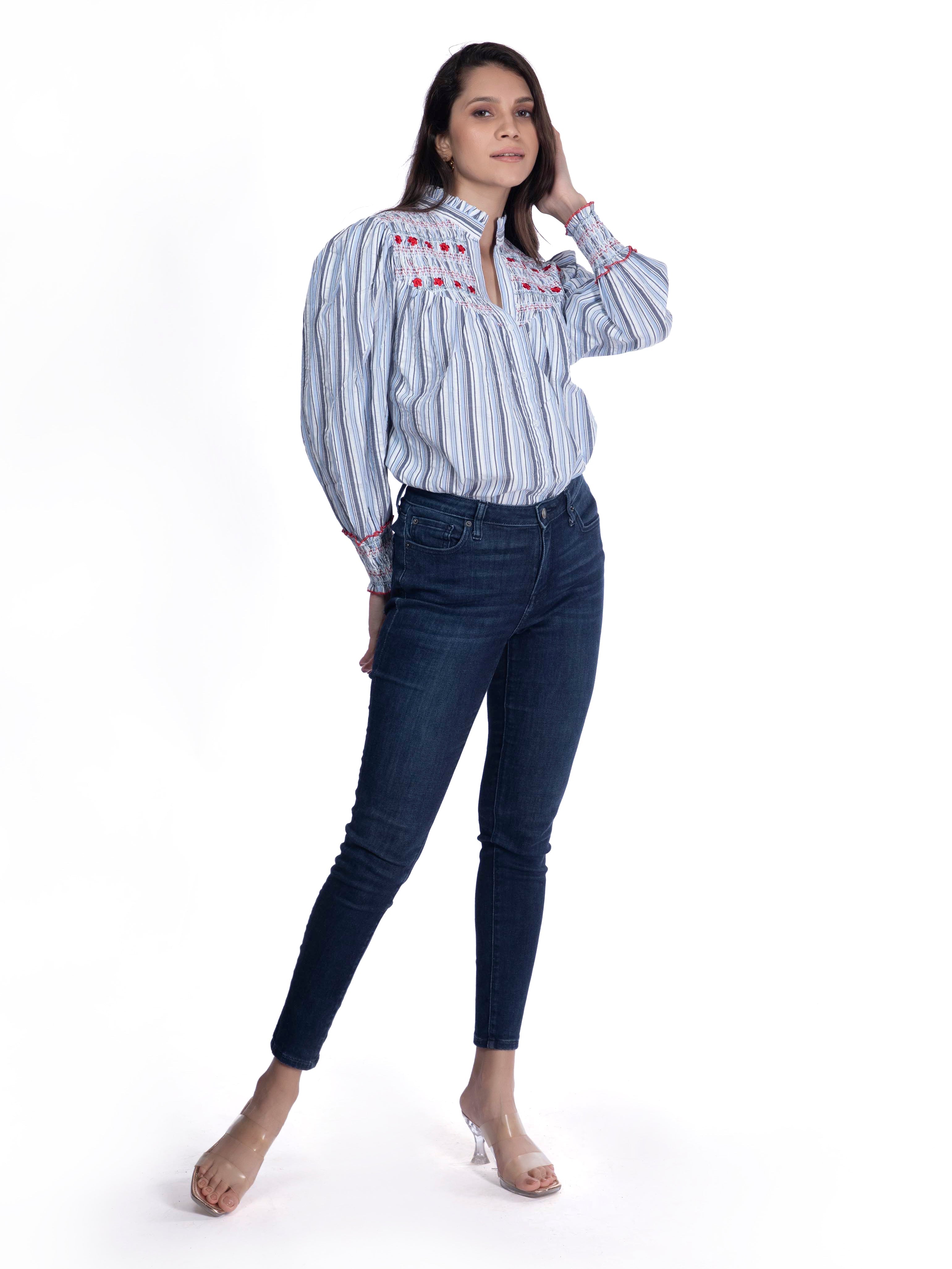 Blue & White Cotton Embroidered Shirt FRENCH THEORY