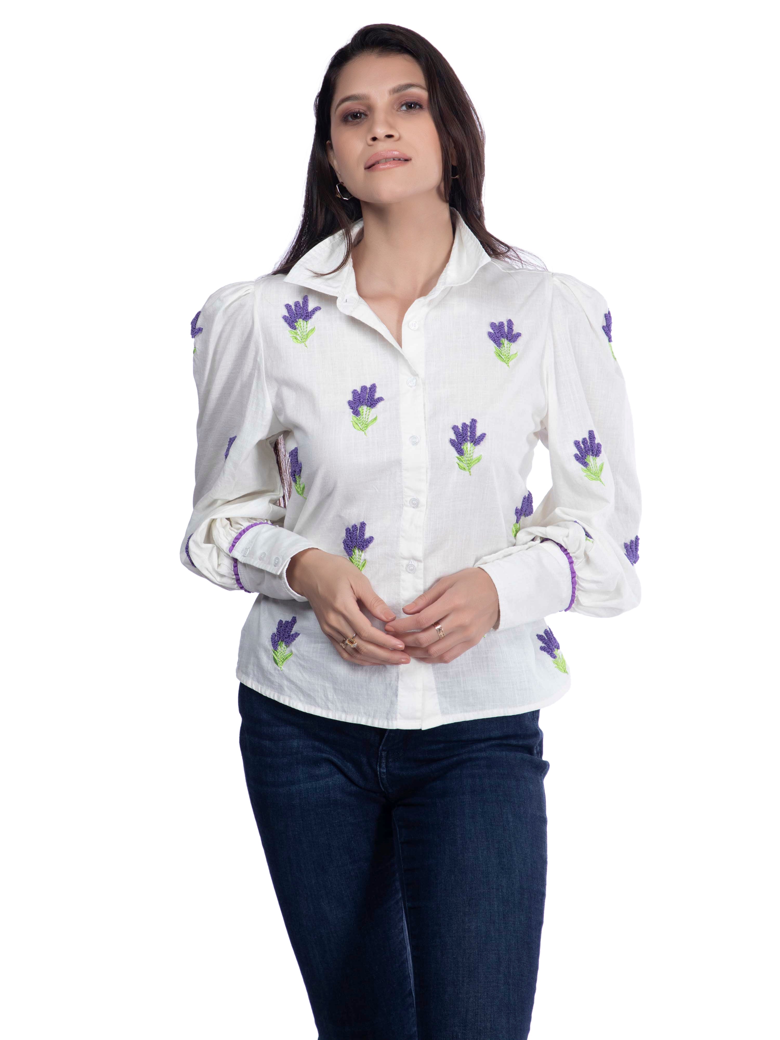 White Embroidered Cotton Linen Shirt FRENCH THEORY
