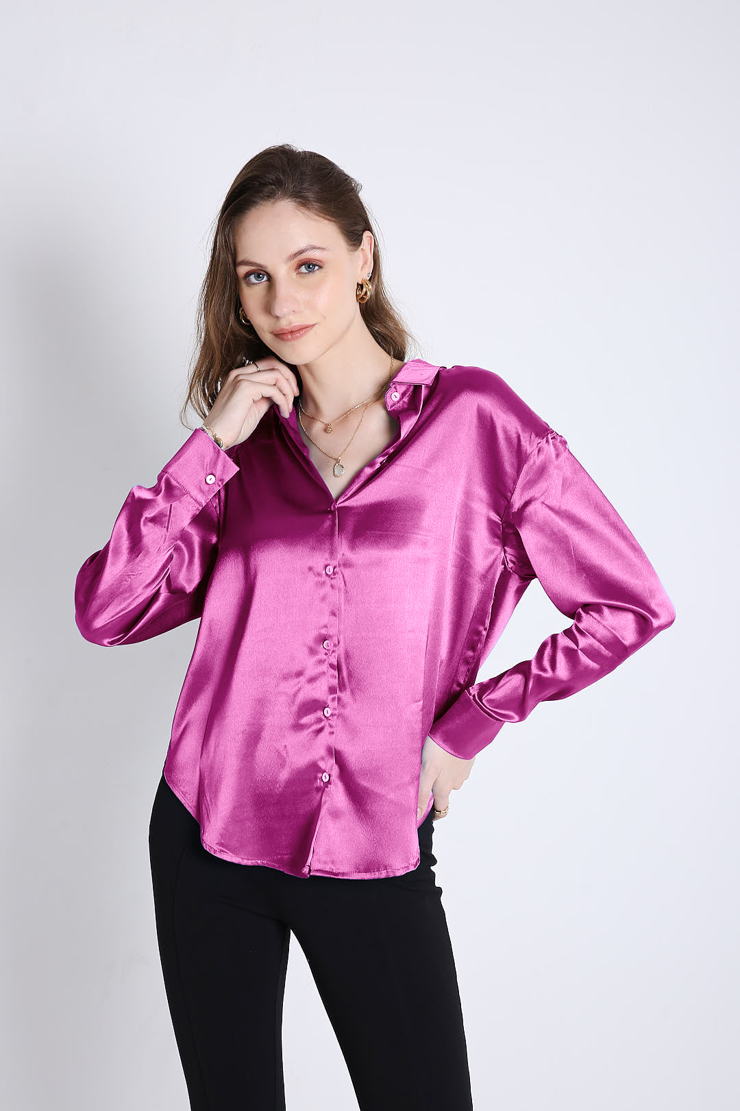 Oversized Satin Fuchsia Pink Shirt