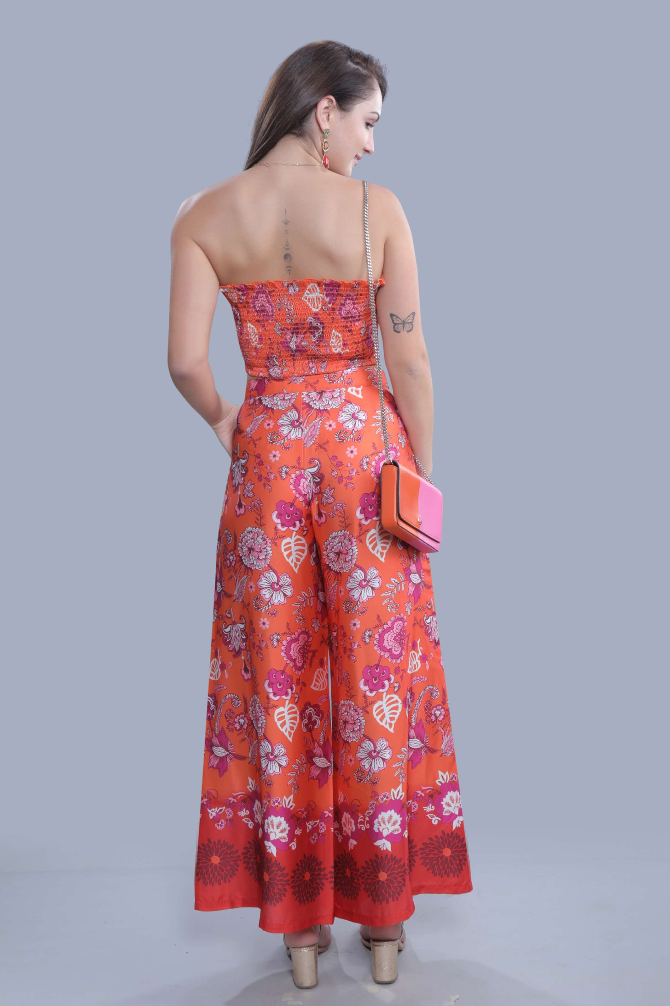 Orange Satin Printed Flared Pant