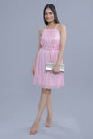 Pink Metallic Printed Pleated A-line Party Dress