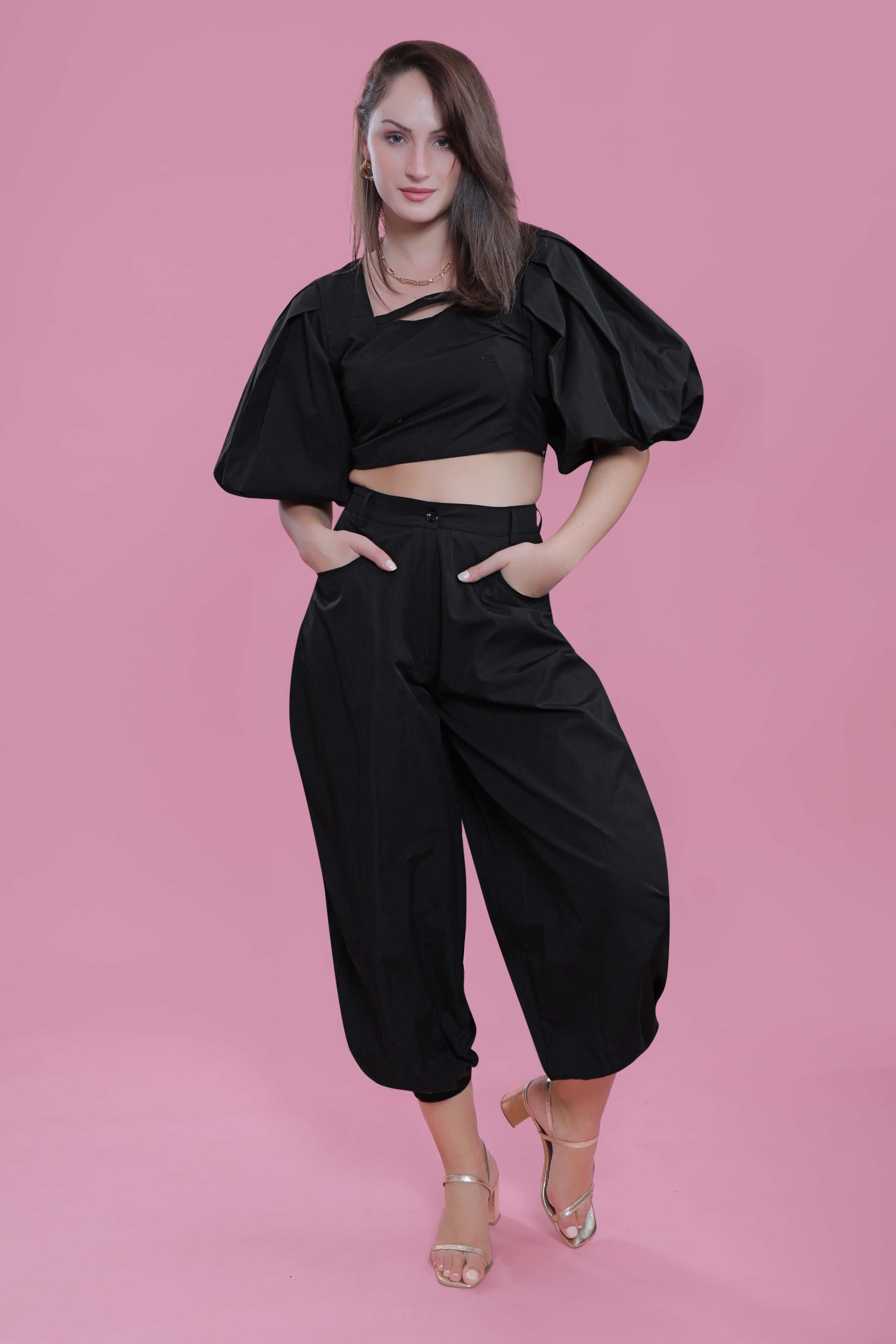 Fitted Top with Balloon Sleeve & Black Balloon Fit Pant Co-Ord Set