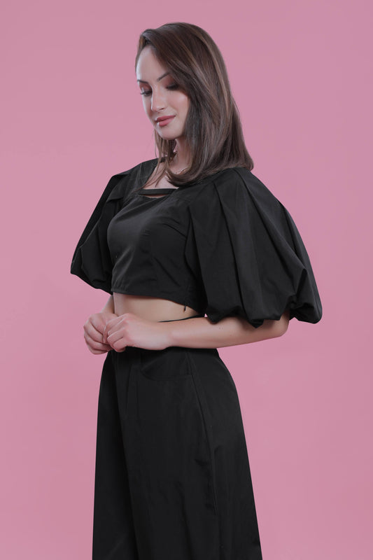 Black Fitted Top with Balloon Sleeve Resort Wear