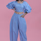 Blue Fitted Top with Balloon Sleeve & Blue Balloon Fit Pant Co-Ord Set