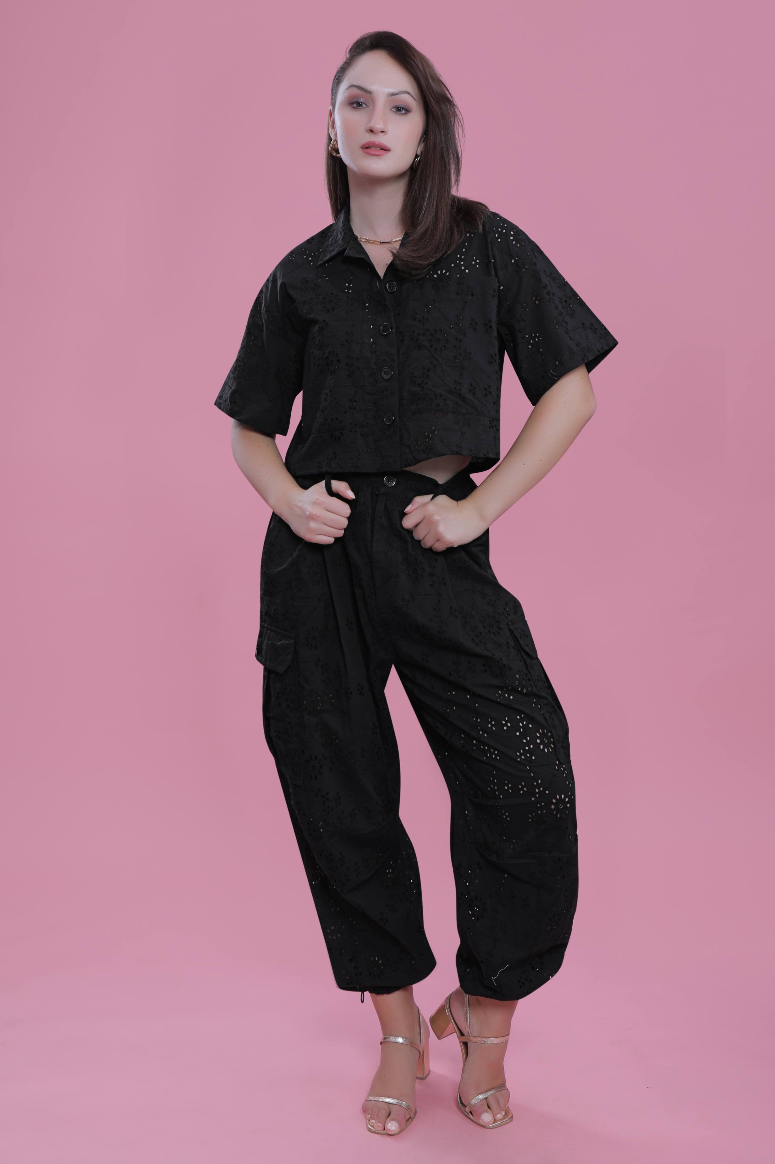 Black Schiffli Boxy Fit Shirt with Black Schiffli Cargo Pant Co-Ord Set